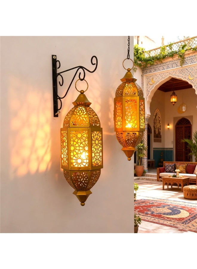 Ramadan Lantern Candle Holder, Metal Eid Mubarak Lantern Decor Lights, Moroccan Hollowed Lantern Lighting Decoration for Home Table Party Ramadan Tabletop, 12*12*34cm (Gold) - Image 3